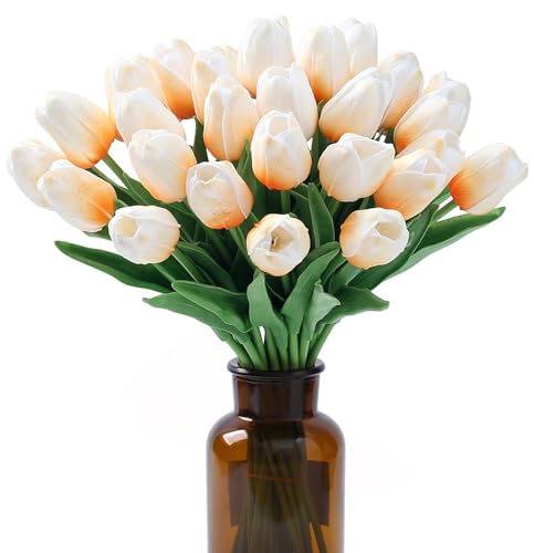 Sahoottie 15Pcs Artificial Tulips Fake Tulip Real Touch Flowers Tulips Artificial Flowers Faux Flowers that Look Real for Party Wedding Decoration(Light Champagne)