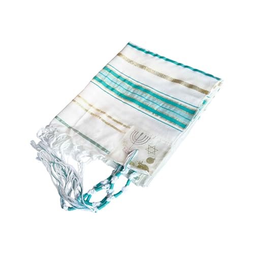 Jewish Tallit Prayer Shawl Scarf Teal, Silver & Gold Tzitzit w/Bag Pouch for Men Women Bar Mitzvah Gift Star of David Pomegranates and Menorah from Israel Christian 72 x 22"3