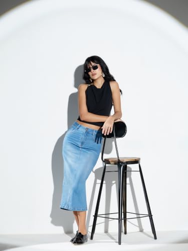 Image of Miss Chase Women's Regular High Rise Above Knee Stretchable Denim Skirt