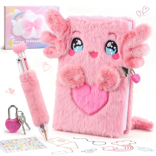 Kaelinda Axolotl Fuzzy Notebook for Girls, Girls Journals Age 6-7 8-10 8-12