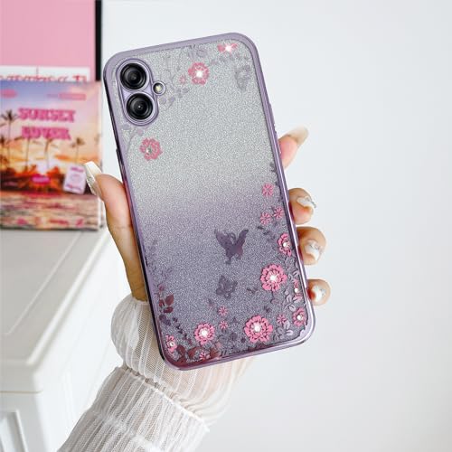Image of Case for Galaxy A04e,Galaxy A04e Case for Women Gradual Change Glitter Crystal Soft TPU Stylish Butterfly Floral Heart Clear Protective Cover with Strap for Samsung Galaxy A04e (Purple)