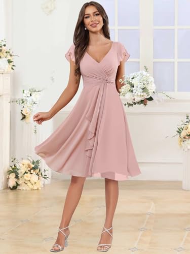 AUMEELAM Chiffon Short Bridesmaid Dress for Women V-Neck Short Ruffled Sleeves Formal Evening Dresses2