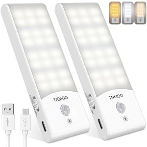 Motion Sensor Lights Indoor, 2Pack LED Motion Sensor Night Light Rechargeable with 3 Modes, Warm&White Color, 15%-100% Dimmable Wardrobe Lights for Cupboard, Stair, Cabinet, Bedroom, Kitchen, Hallway