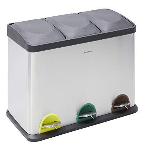 Arregui Step Bin CR705-45L Cubo de Basura y Reciclaje con Pedal, de Acero Inoxidable, con 3 Cubos Interiores, 3 x 15L (45L), Gris