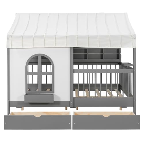 Image of Full Size House Bed with 2 Large Drawers&LED Strip Gray-T | Side Bookshelf, Cozy Reading Nook & Playhouse for Boys & Girls