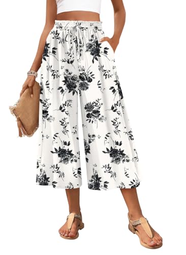 POPYOUNG Womens Capri Pant Wide Leg Palazzo Flowy Gaucho Pant L