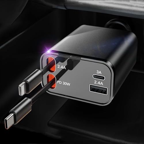 Retractable 69W USB C Car Charger 4 in 1 With Cord for iPhone 16 Fast Charging, Car Accessories, USBC Adapter for iPhone 16/15/14/13/12/Galaxy