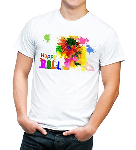 Image of Knitted Polycotton Fabric Regular Fit Men Boys Half Sleeve T-Shirt for Festival of Holi Style 22 White Size : Free