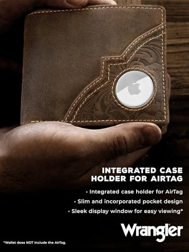 Wrangler Men's Wallet with AirTag Holder, Slim RFID Blocking, Genuine Leather, 11-22 Card Bifold2