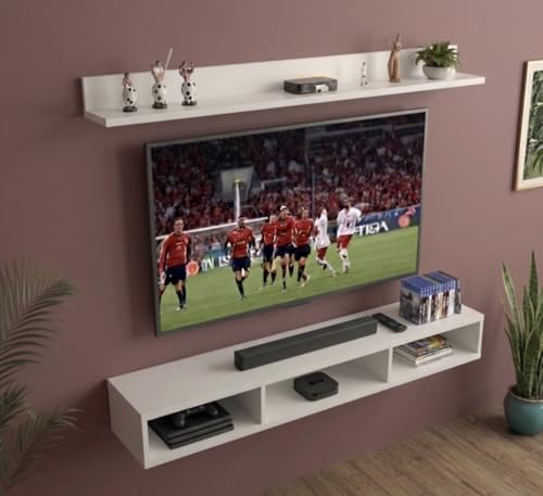 Image of Bros Moon Wall Mounted TV Cabinet, Frosty White, Laminated Finish, for Living Room, Suits TV up to 40 Inches (Frosty White, Parallel Roof Top 32 Inches)