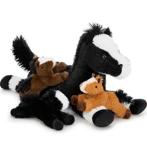 MorisMos XXL Grand Cheval en Peluche, 50cm Noir Maman avec 3 Kawaii Bébés, Réalistes Animaux en...