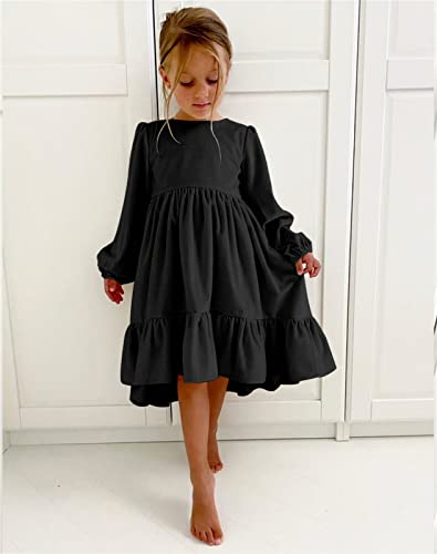 Vestido diário infantil para meninas outono manga longa sólido vestido de princesa irregular plissad