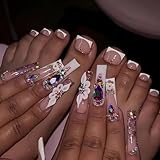 48Pcs Rhinestones Press on Nails,White French Tip Press on Toenails Set, Long Square False Nails with Flower Design Full Cover Reusable Diamond Fake Acrylic Nails Kit for Women Manicure