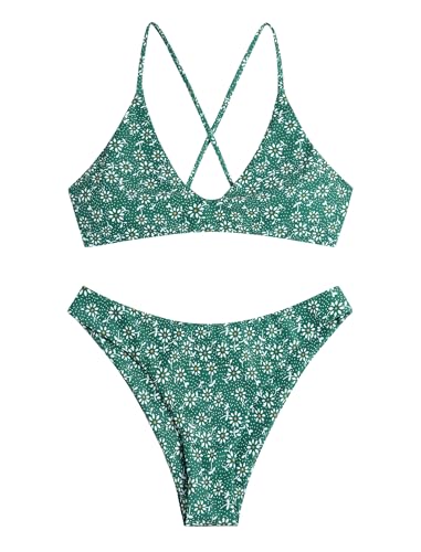 Image of ZAFUL Women's Tie Back Padded High Cut Bralette Bikini Set Two Piece Swimsuit
