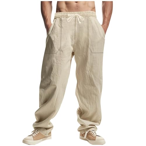 Men's Cotton Linen Pants Summer Fashion Solid Color Loose Comfy Plus Size Wide Leg Sweatpant Elastic Waist Trouser
