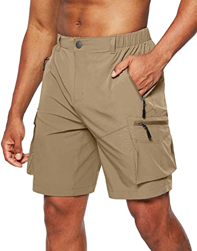 JustSun Mens Cargo Shorts Casual Summer Outdoor Hiking Shorts Men with Pockets Quick Dry Lightweight Golf Walking Work Shorts for Men Elasticated Waist Khaki XL