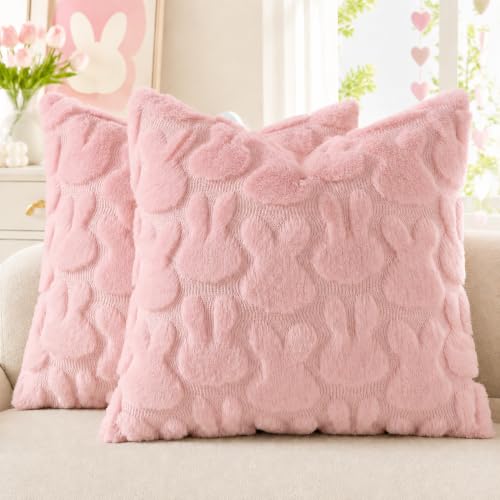 Image of decorUhome Easter Bunny Pillow Covers 18x18 Inch Set of 2, Soft Plush Faux Wool Jacquard Pink Rabbit Cushion Covers, Farmhouse Neutral Spring Easter Holiday Decor for Couch Sofa Bed