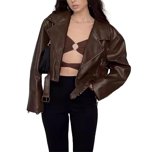 JEKE-DG Women's Faux PU Oversize Fashion Coat Cropped Casual Biker Coat Jacket Blazer Collar Solid Outerwear with Belt