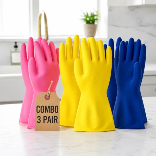 Image of Long Sleeve Rubber Gloves, Washable, Reusable, for Kitchen, Farming, and Garden, Wet and Dry Use, Pack of 3