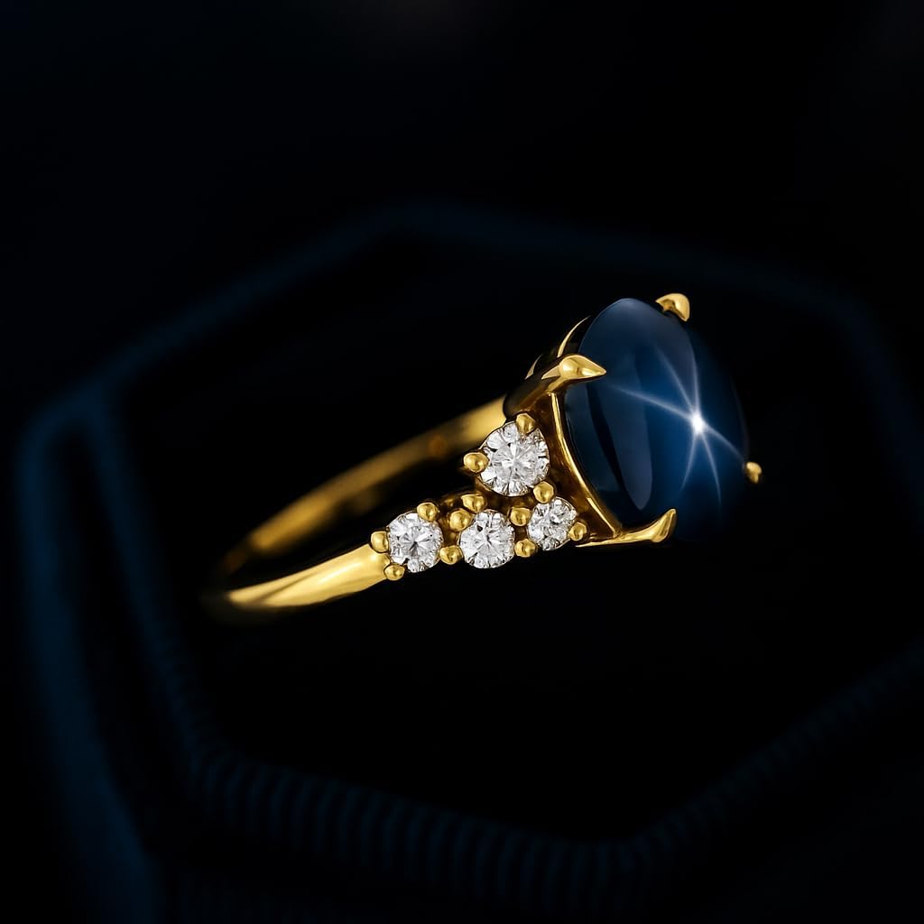 Star Blue Sapphire Engagement Ring for Women in 14K Yellow Gold with Diamond Side Stones Statement Promise Ring Handmade Jewelry Gift for Wife