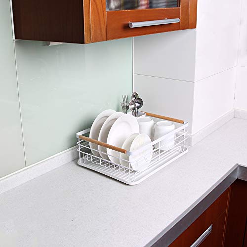 Attom Tech Home Modern Wood Handle Dish Rack and Drain Board, 16.5" x 12" x 5.5" Kitchen Plate Cup Dish Drying Rack Tray Cutlery Dish Drainer - Thumbnail 5