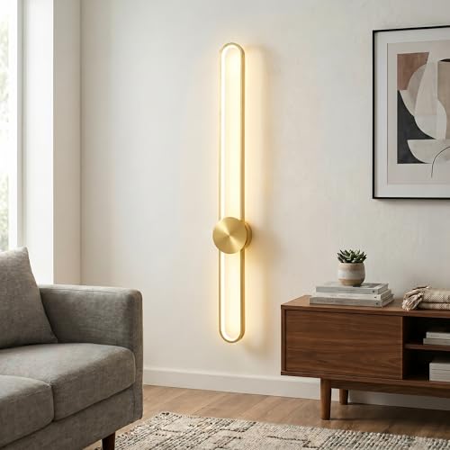 Image of JAYMP Modern Wall Sconce 4000K Dimmable LED Wall Light Fixture, Hardwired Wall Lamp for Living Room, Dining Room, Bedroom, Hallway, Lobby, Entryway, 1 Pack (Brushed Gold, H110cm /43.3inch)