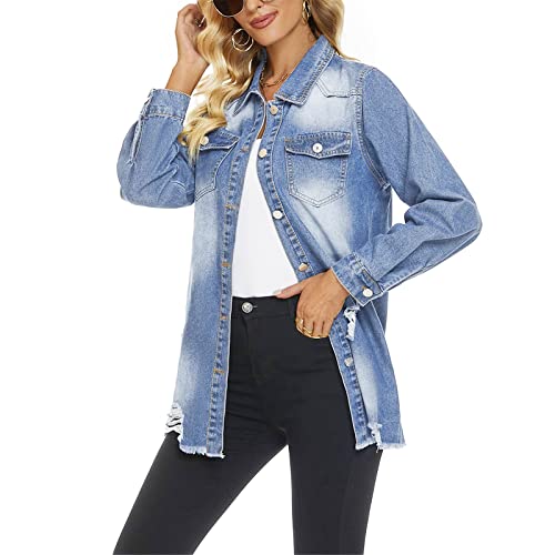 Womens Denim Ripped Distressed Button Down Mid Long Casual Jean Jackets4