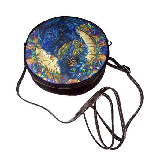 Stained Glass Cat With Blue Fur Green Eyes Women Round Crossbody Bags Leather Sling Bag Purse4