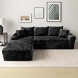 Rovibek 107.5' Couches for Living Room, Black Couch with Chaise, Modular Sectional Sofa with Throw Pillow & Deep Seat, No Assembly Required Compressed Sofa