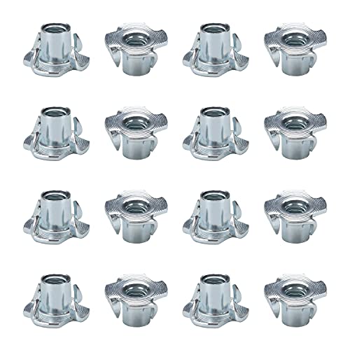 Yinpecly M6x10mm Carbon Steel T-Nuts Fully Threaded Insert Nut Zinc Plated 4 Pronged Tee Nuts, for Wood Rock Climbing Wall Holds Plywood Silver Tone 100Pcs