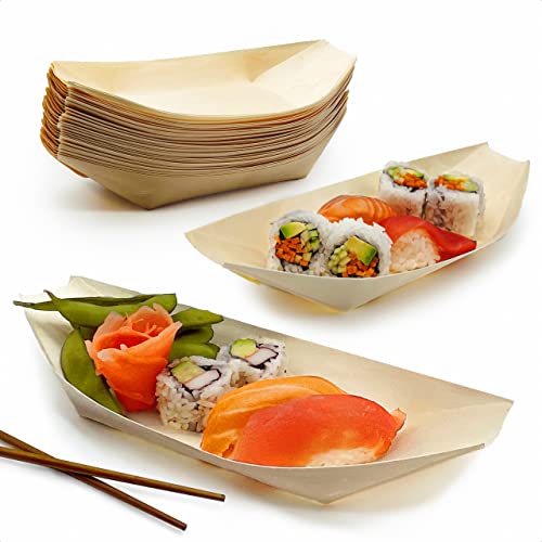 25 Pack Extra Large 10" Biodegradable Sushi Boats. 100% Disposable Appetizer Plates. Compostable Natural Wood Food Trays. Sturdy Poplar Serving Dish. Eco-Friendly Bamboo Sushi And Sashimi Party Kit #TOP16