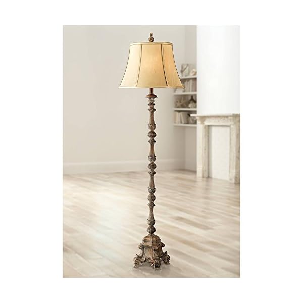 Regency Hill Rustikale Stehlampe, französisches Holzimitat, antiker Kerzenhalter, beige, Seide, Glockenschirm für…