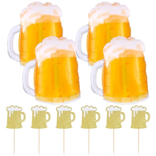 TYFGRT 4 Globos De Cerveza, 6 Piezas De Inserciones para Pastel De Cerveza, Globos Gigantes De Jarra De Cerveza, Globos De Decoración De Cumpleaños, Globos De Fondo Fotográfico, Fiestas Temáticas