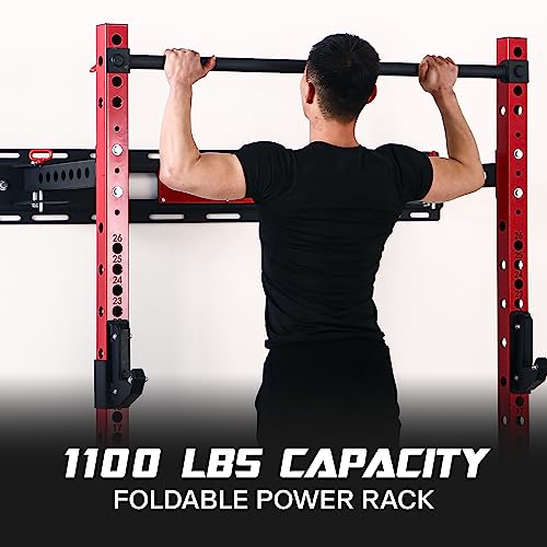 Mappding Folding Squat Rack Wall Mounted, 1100LBS Foldable Squat Power Rack Weight Cage with Pull Up Bar, J-Cups, Landmine and Partable Space Saving Free Standing for Home Gym Garage Workout, Red - Thumbnail 4