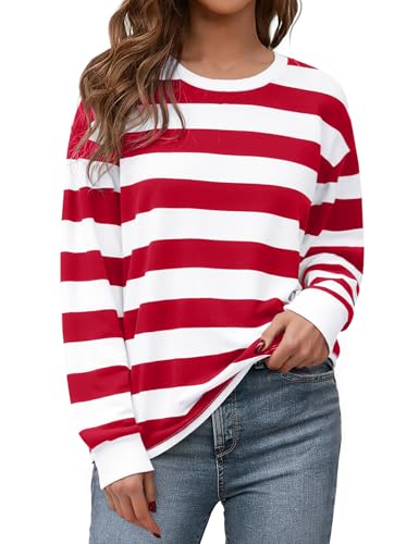 Aottori Sweatshirt Damen Oversized Pullover Baumwolle Rundhals Langarmshirt Gestreift Farbblock Oberteil Sportlich Lockeres Herbst Winter Rot Weiß XL