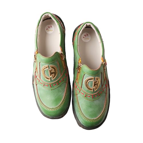 Image of TMA EYES Women's Non-Slip Leather Casual Slip On Comfort Walking Flat Shoes(Green,6)