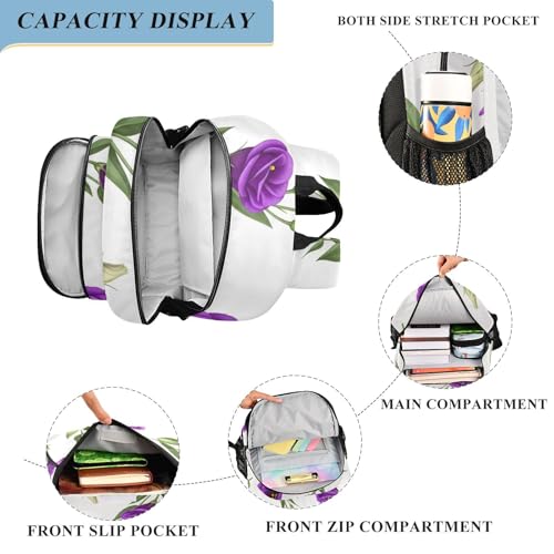 Purple Flowers Green Leaves White Backpack for School Boys Girls, Front Flap School Bag, 17 Inch Kids Laptop Backpack, Age 6-124