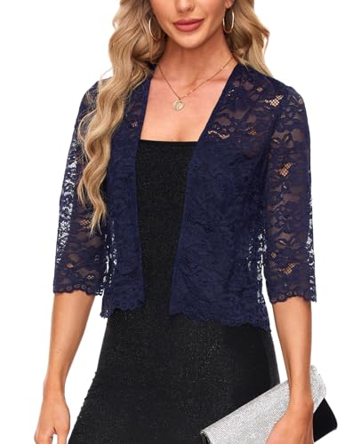 MINTLIMIT Women's Elegant 3/4 Sleeve Floral Lace Bolero Shrug Cropped Open Front Cardigan Shrug Tops4