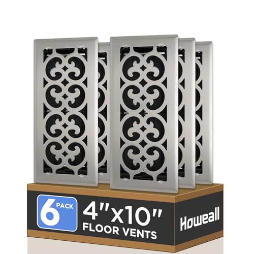 Howeall 4x10 Inches 6 Pack Heavy Duty Walkable Floor Register - Easy Adjust Air Supply Lever Decorative Floor Vent Covers, Charlotte Design Vent Covers for Home - Satin Nickel