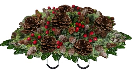Wkczhod Artificial Christmas Winter Pinecone Cemetery Flowers - Realistic - Outdoor Grave Decorations Saddle for Headstone Outdoor Tombstone Memorial Decorations Easy Fit (Colorful with Pinecone)