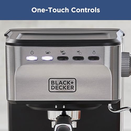 Image of Black+Decker Semi-automatic 15 bar espresso and cappuccino machine, versatile machine with possibility of using grounds or ESE pods to prepare your perfect cup of coffee