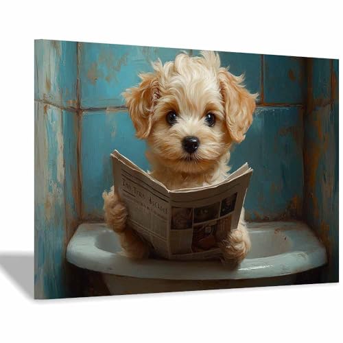 Toile chiot lisant un journal habiller un grand mur blanc vide