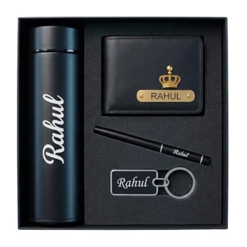Image of NCGIFTS Personalized Gift Hamper for Men - Custom Engraved Wallet, Metal Pen, Water Bottle & Keychain Set | Premium 4-in-1 Combo for Birthday, Anniversary & Corporate Gifting