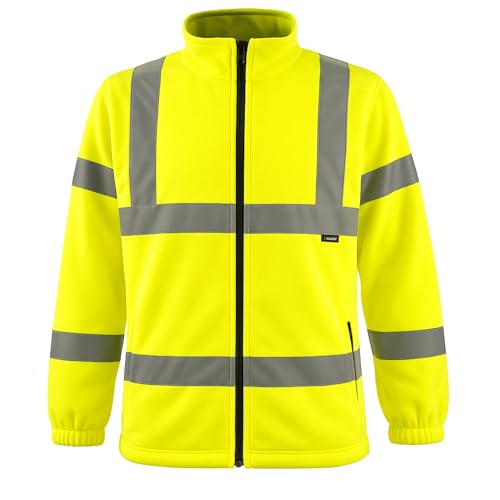 Hi Vis Visibility Fleece Jacket with Zip Fastening – Men’s Warm Hi Vis Workwear, High Visibility Full Zip Long Sleeve Sweatshirt, Reflective Tape Safety Coat (Yellow, XL)