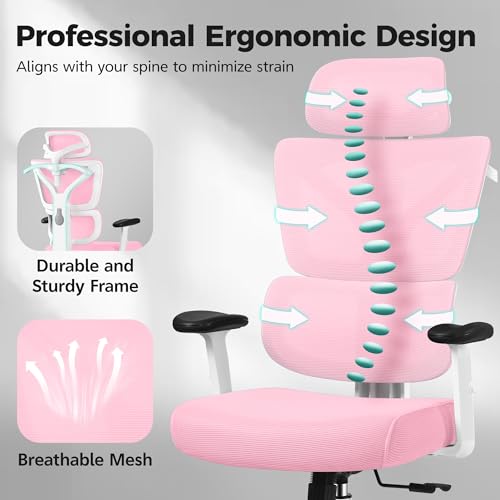 Image of Ergonomic Office Chair High Back Desk Chair with Lumbar Support, Breathable Mesh Computer Chair with Adjustable Armrests Height, Reclining Swivel Big and Tall Gaming Chair for Home Office(Pink)