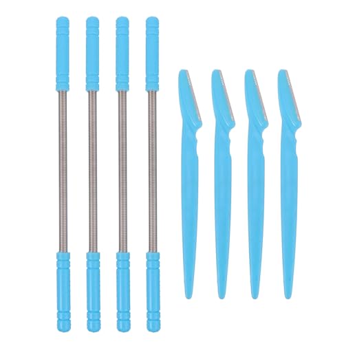 BIUDECO 8pcs Facial Hair Removal Tool Set with 4 Facial Spring Epilators and 4 Eyebrow Razors Blue for Precise Eyebrow Shaping