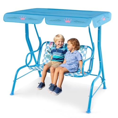 Costzon Kids Porch Swing All-Weather Patio Swing Bench Hammock w/Adjustable Canopy & Safety Belts for 2 Children Outdoor Swing for Backyard Garden Balcony Poolside (Blue Flamingo)