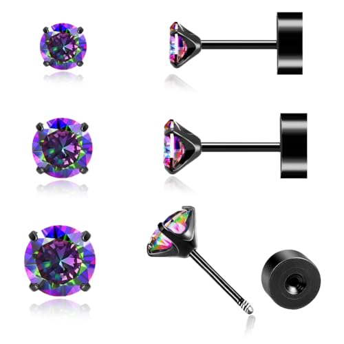 Handmade Tiny Flat Back Stud Earrings: 3 Pairs Black Screw Flatback 2 3 4mm Rainbow Cubic Zirconia Earrings Cartilage Piercing Jewelry for Women Helix Tragus Earlobe (3 Pairs-Black Rainbow CZ-2/3/4mm)