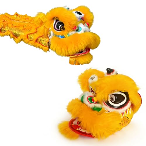 HTRDHT 15 Inch Lion Dance Costume with Tail, Chinese Dragon Costume for 6-12 Age, Traditional Mascot Costume Suit for Performance (Yellow)