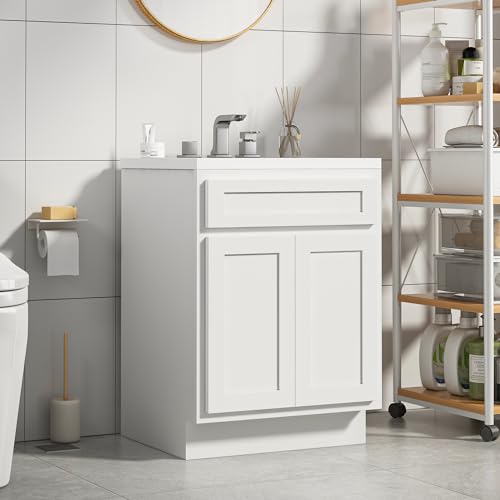 Vanity Art 24 Inch Double Shutter Door Bathroom Vanity Base Cabinet with Soft Closing Shaker Drawer, Strudy Floor Mount Storage Cabinet Organizer for Bedroom, Living Room, Kitchen, VA4024-W